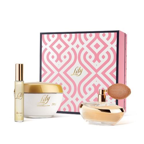 KIT LILY - O kit vem com 1 Eau de Parfum, 1 Creme hidratante acetinado corporal, 1 Roll-on, 1 Caixa de presente. Por R$ 249