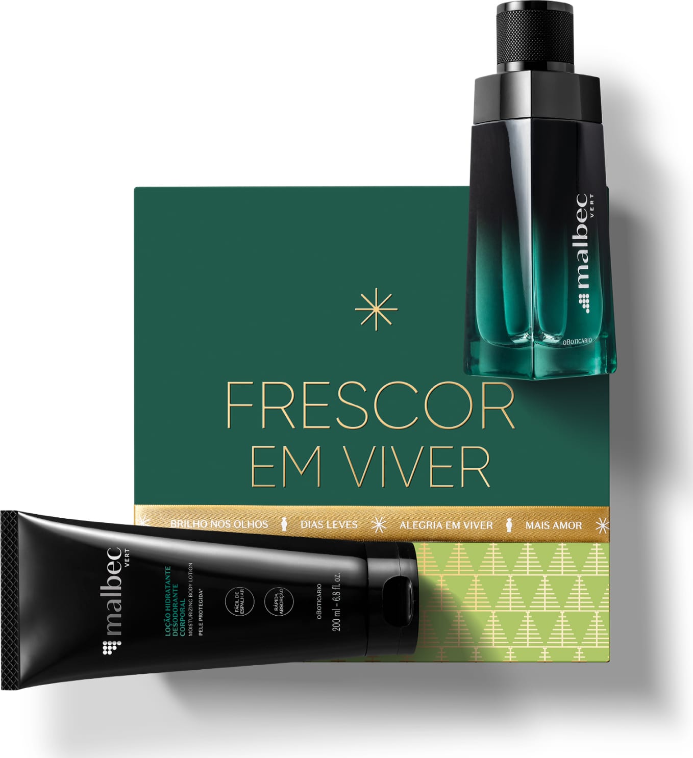 Kit Presente de Natal Malbec Vert R$ 199,90 - 01 Malbec Vert Desodorante Colônia 100ml; 01 Loção Hidratante Desodorante Corporal Malbec Vert 200ml