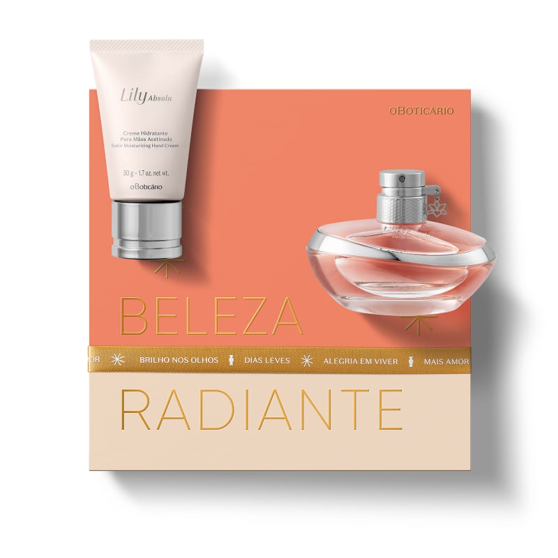 Kit Presente de Natal Lily Absolu R$ 259,90 - 01 Lily Absolu Eau de Parfum Válvula 75ml; 01 Lily Absolu Creme Acetinado Hidratante para as Mãos 50g