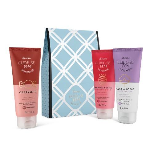 KIT CUIDE-SE BEM TRIO DE HIDRATANTES - Composto por 3 loções hidratantes: Morango e Leite, Rosa e Algodão e Caramelito. Apenas R$ 49,90