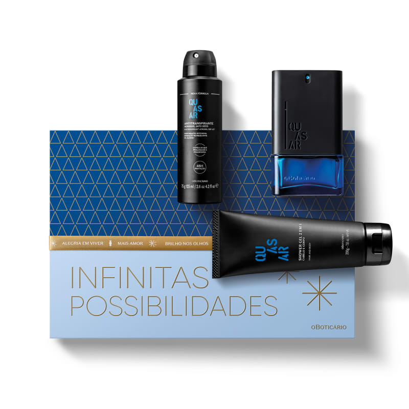Kit Presente de Natal Quasar R$ 169,90 - 01 Quasar Desodorante Colônia 100ml; 01 Desodorante Antitranspirante Aerossol Quasar 75g; 01 Shower Gel Cabelo e Corpo Quasar 200g