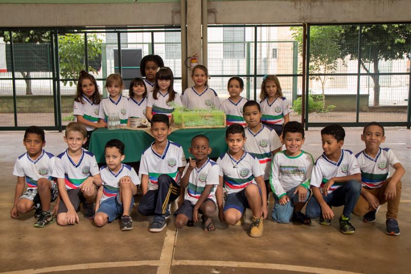 Os alunos apresentando o limpador multiuso