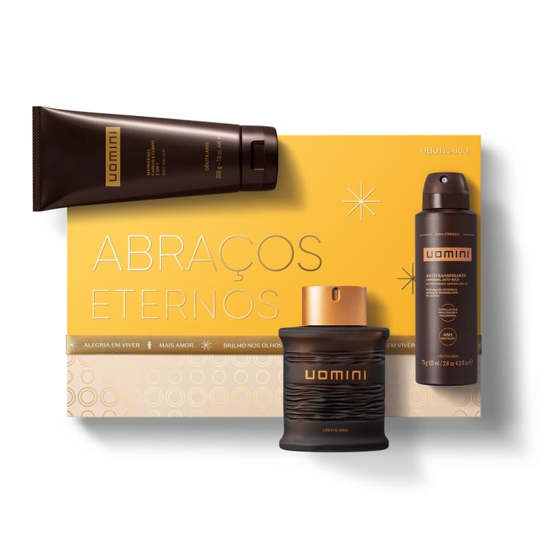 Kit Presente de Natal Boticollection R$ 189,90 - 01 Boticollection Uomini Desodorante Colônia 100ml;  01 Shower Gel Corporal Boticollection Uomini 200g;  01 Desodorante Antitranspirante Aerossol Boticollection Uomini 75g