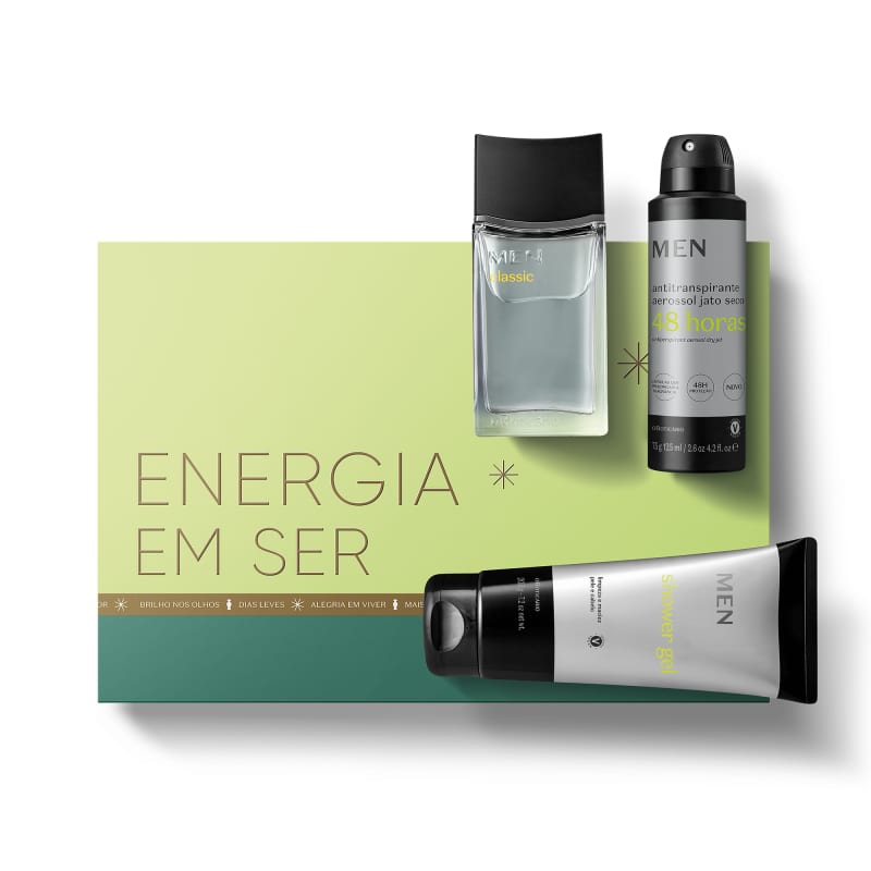 Kit Presente de Natal MEN R$ 149,90 - 01 MEN Classic Desodorante Colônia 100ml; 01 Desodorante Antitranspirante Aerossol MEN 75g;  01 Shower Gel 3 em 1 MEN 205g