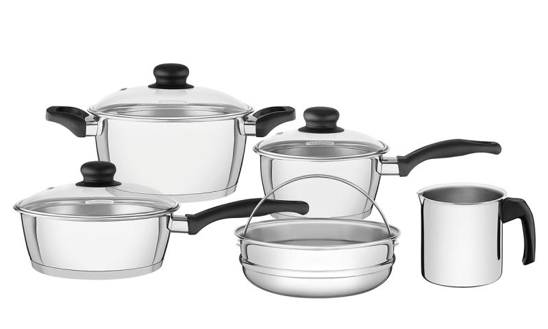 Jogo de panelas Tramontina de aço Iinox com fundo triplo - Ventura Baquelite 5 peças. Agrega mais calor e conserva mais, permitindo um cozimento melhor com fogo baixo, sem perder nutrientes dos alimentos. Esse modelo é exclusividade dos participantes do Clube do Inox Tramontina, que a Aquarela Casa faz parte em nossa região.