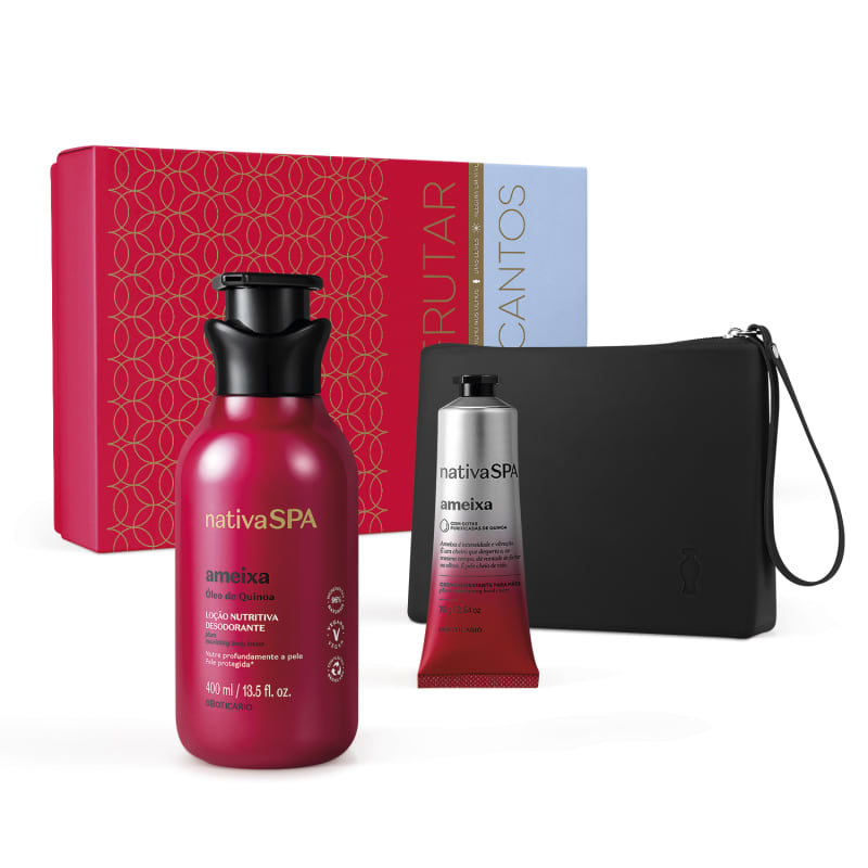 Kit Presente de Natal Nativa SPA Ameixa R$ 129,90 - 01 Loção Hidratante Desodorante Corporal Nativa SPA Ameixa 400ml;  01 Creme Desodorante para as Mãos Nativa SPA Ameixa 75g ; 01 Nécessaire Preto de Silicone (Dimensões: 23cm de comprimento x 4,5cm de largura x 16cm de altura)