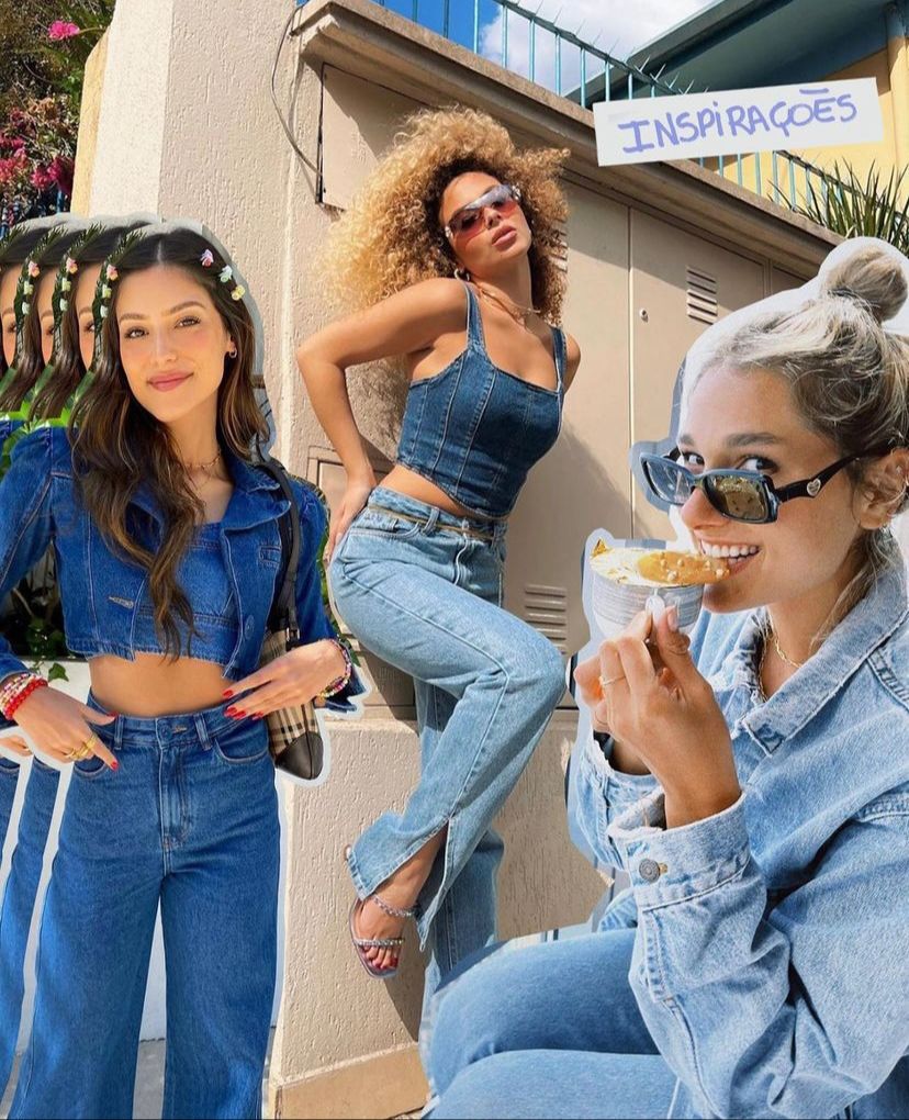 Blusa, calça e jaqueta jeans ou short jeans