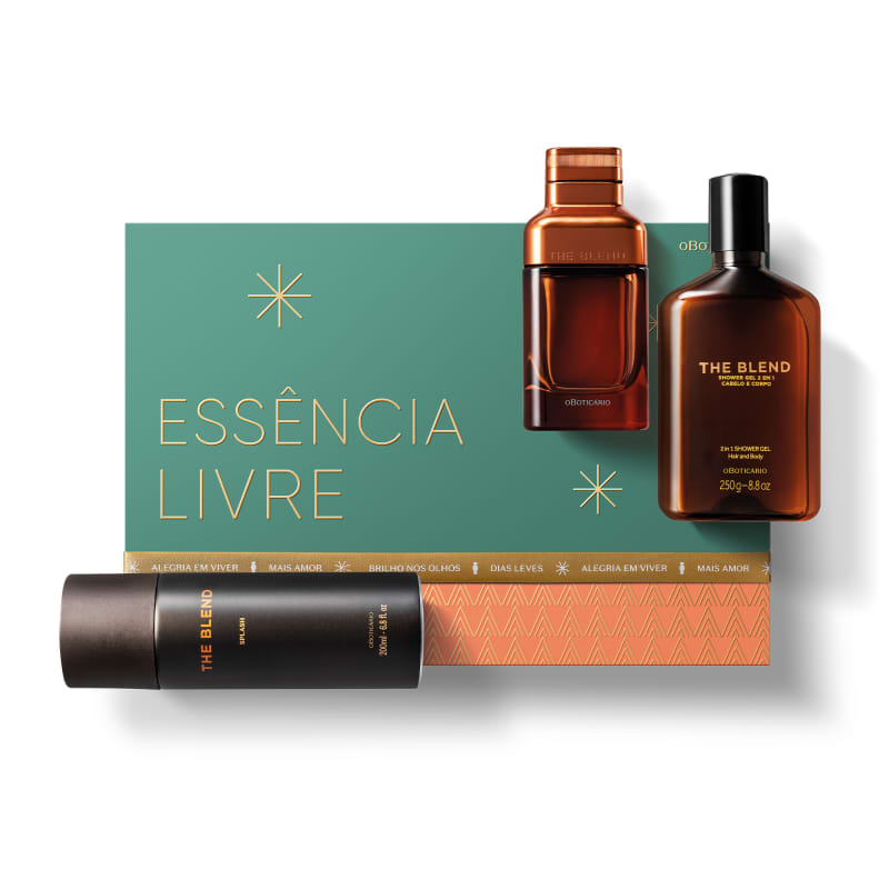 Kit Presente de Natal The Blend R$ 349,90 - 01 The Blend Eau de Parfum 100ml; 01 Shower Gel 2 em 1 Cabelo e Corpo The Blend 250g; 01 Splash Desodorante Colônia The Blend 200ml