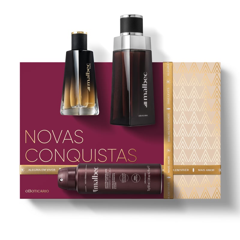 Kit Presente de Natal Malbec R$ 279,90 - 01 Malbec Desodorante Colônia 100ml; 01 Malbec Gold Desodorante Colônia 50ml; 01 Desodorante Antitranspirante Aerossol Malbec 75g