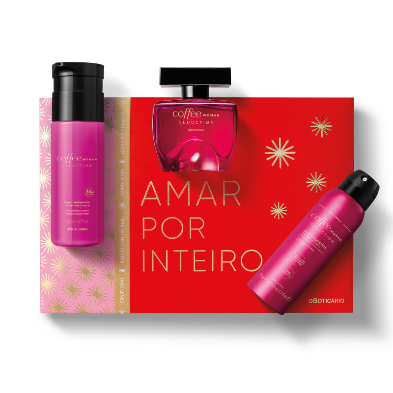 Kit Coffe Woman R$ R$ 219,90 - 01 Coffee Woman Seduction Desodorante Colônia 100ml; 01 Loção Hidratante Desodorante Corporal Coffee Woman Seduction 200ml; 01 Desodorante Antitranspirante Aerosol Coffee Woman Seduction 75g